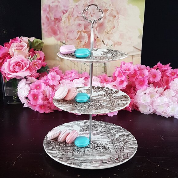 Handmade 3-Tier Brown Transferware Farmhouse Cake Stand Tea Party Christmas Gift - Picture 3 of 12